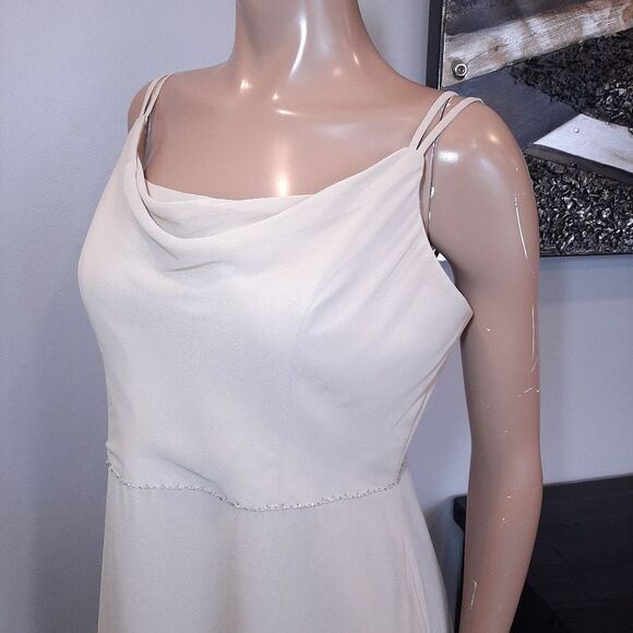 💠BELLA FORMALS Nude Draped Neck Beaded Waist A-Line Prom Wedding Dress - Picture 6 of 15